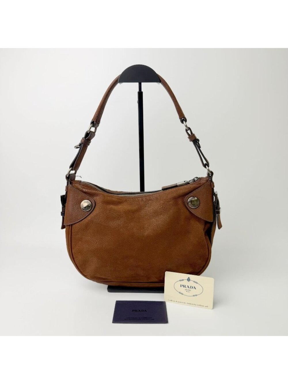 Prada Vitello Daino Studded Hobo Shoulder Bag Leather Brown Vintage